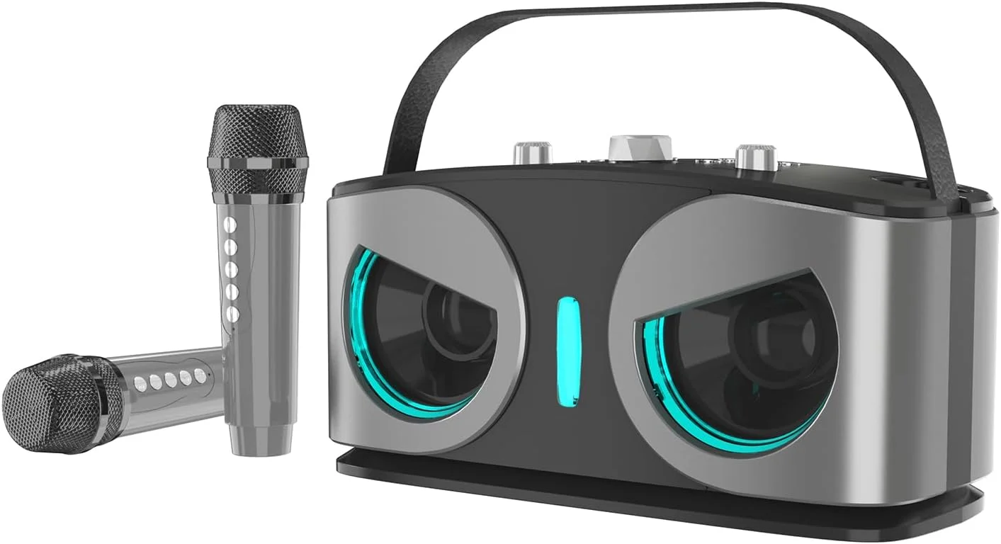 دستگاه کارائوکه با 2 میکروفون، 2 بلندگوی کارائوکه بی سیم برای بزرگسالان و کودکان، بلندگوی مهمانی بلوتوث قابل حمل با چراغ های دیسکو برای جلسات خانوادگی/کمپینگ در فضای باز