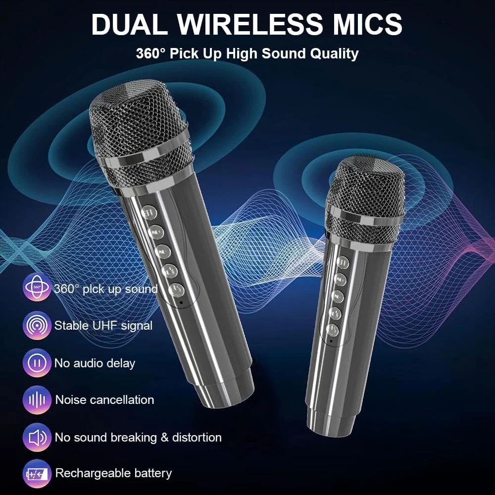 دستگاه کارائوکه با 2 میکروفون، 2 بلندگوی کارائوکه بی سیم برای بزرگسالان و کودکان، بلندگوی مهمانی بلوتوث قابل حمل با چراغ های دیسکو برای جلسات خانوادگی/کمپینگ در فضای باز