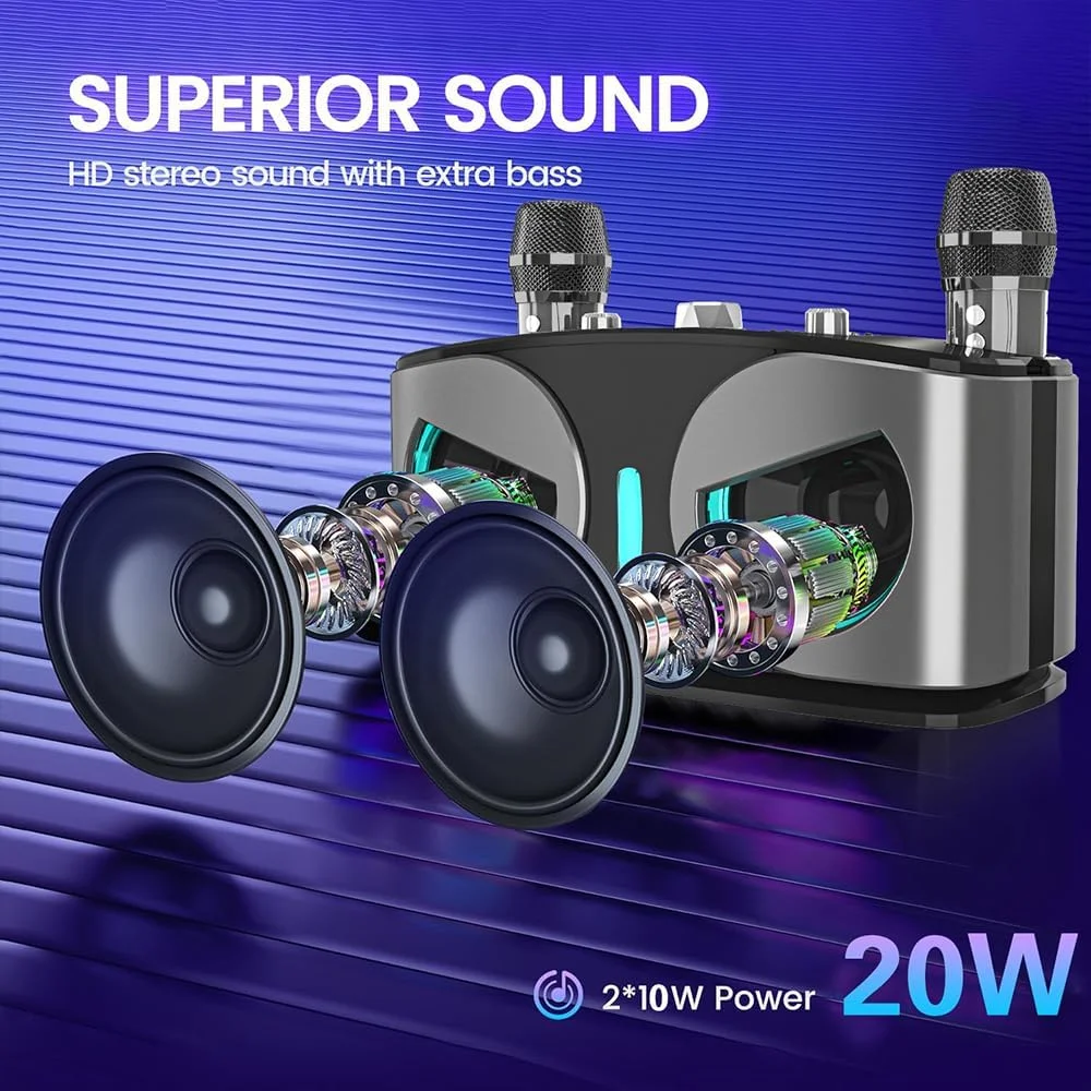 دستگاه کارائوکه با 2 میکروفون، 2 بلندگوی کارائوکه بی سیم برای بزرگسالان و کودکان، بلندگوی مهمانی بلوتوث قابل حمل با چراغ های دیسکو برای جلسات خانوادگی/کمپینگ در فضای باز