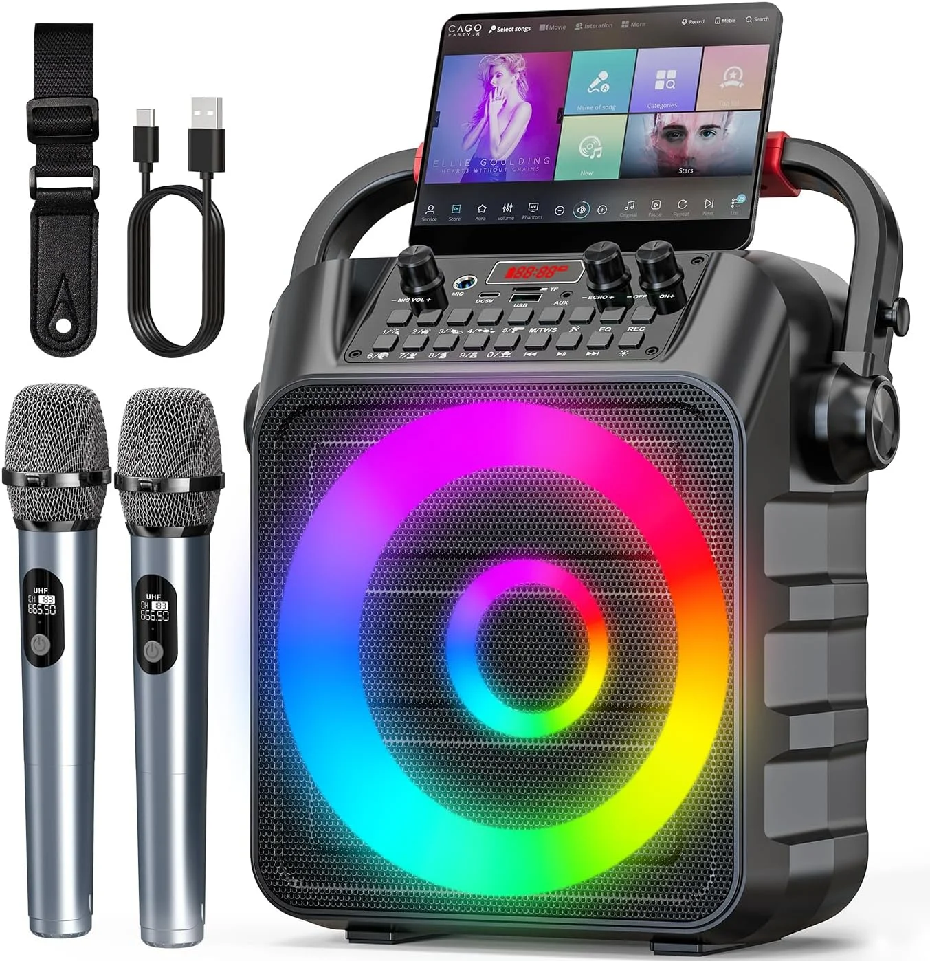 دستگاه کارائوکه با 2 میکروفون، سیستم کارائوکه بلوتوث قابل حمل با چراغ های LED، مناسب برای مهمانی و هدیه برای بزرگسالان و کودکان، پشتیبانی از MIC/TF/USB/TWS/AUX