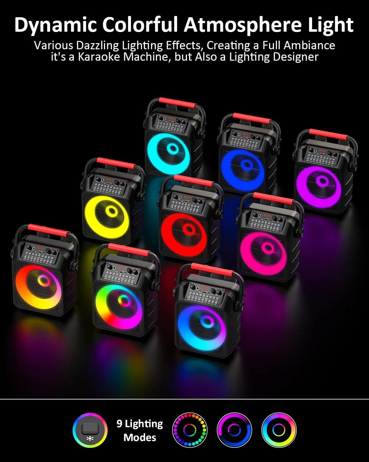 دستگاه کارائوکه با 2 میکروفون، سیستم کارائوکه بلوتوث قابل حمل با چراغ های LED، مناسب برای مهمانی و هدیه برای بزرگسالان و کودکان، پشتیبانی از MIC/TF/USB/TWS/AUX