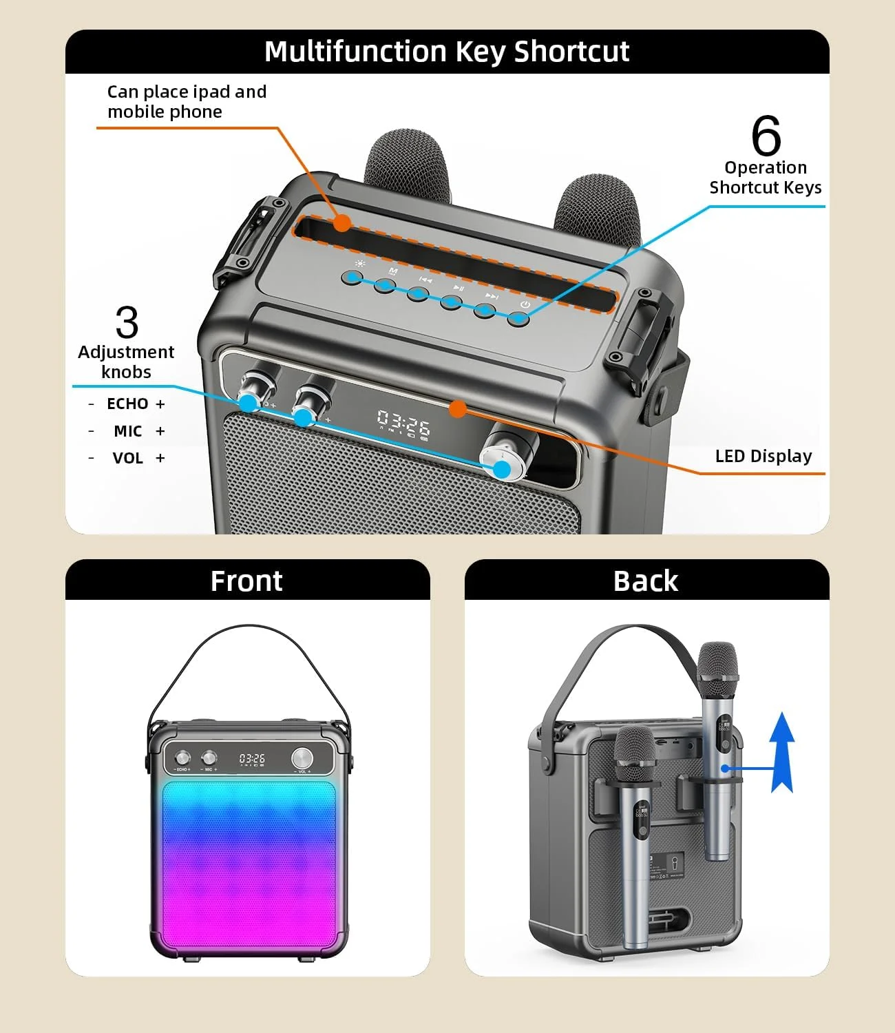 دستگاه کارائوکه با 2 میکروفون، سیستم کارائوکه بلوتوث قابل حمل با چراغ های LED، استریو TWS، پشتیبانی از USB/TF/AUX، ایده آل برای مهمانی های خانگی و هدیه برای کودکان و بزرگسالان