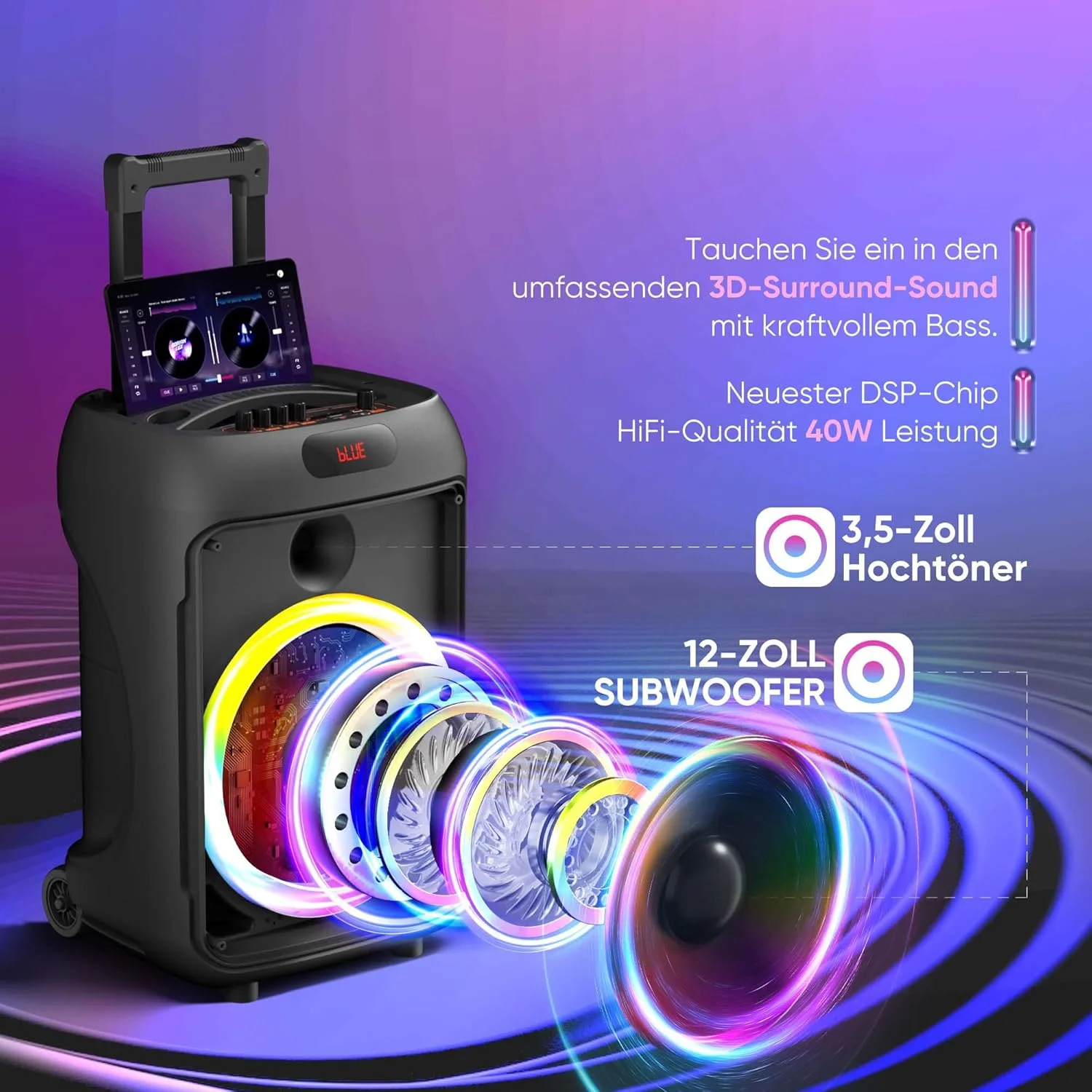 دستگاه کارائوکه برای بزرگسالان با 2 میکروفون (1 سیمی و 1 بی سیم)، بلندگوی بلوتوث قابل حمل هوک ملا با میکروفون، تنظیم باس/تریبل، حالت TWS، سیستم PA، چراغ های LED برای مهمانی خانگی