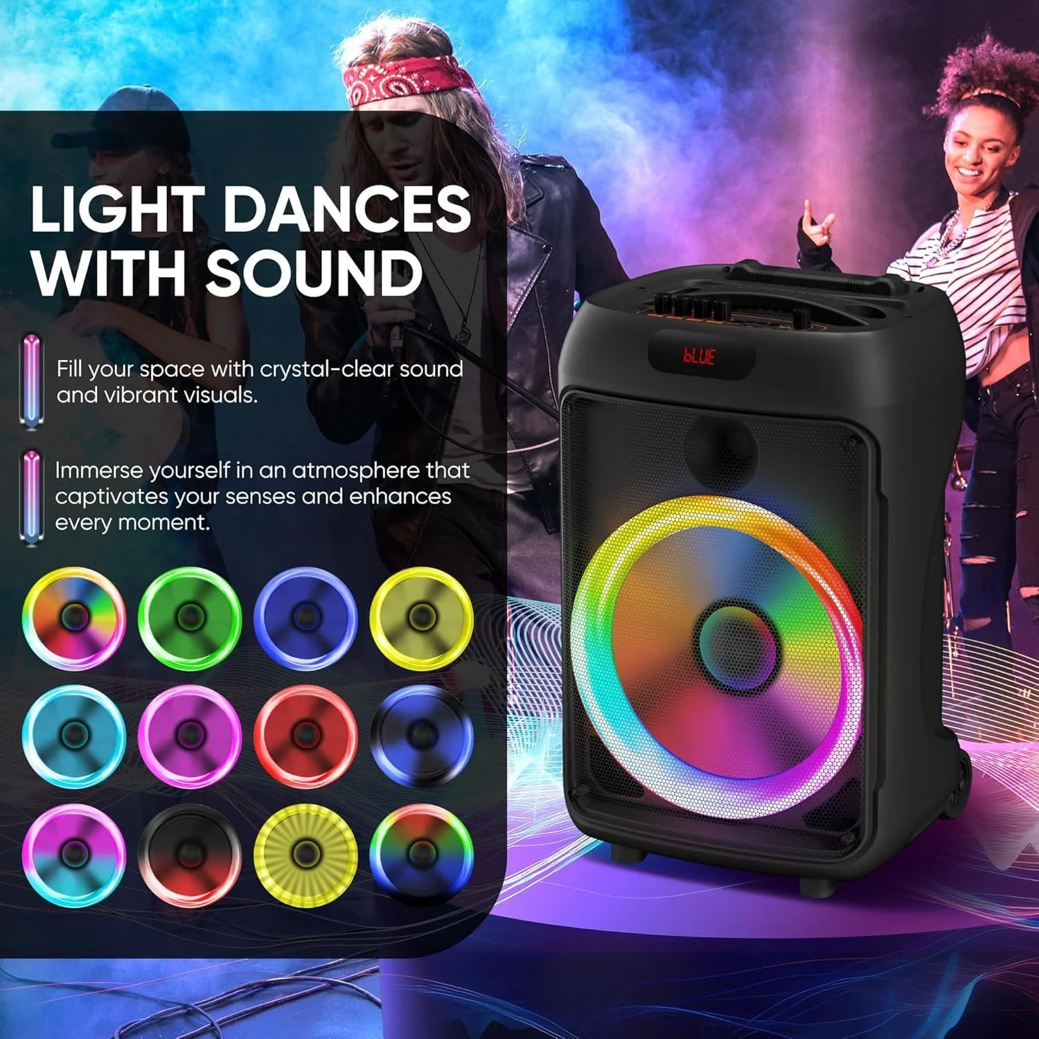 دستگاه کارائوکه برای بزرگسالان با 2 میکروفون (1 سیمی و 1 بی سیم)، بلندگوی بلوتوث قابل حمل هوک ملا با میکروفون، تنظیم باس/تریبل، حالت TWS، سیستم PA، چراغ های LED برای مهمانی خانگی