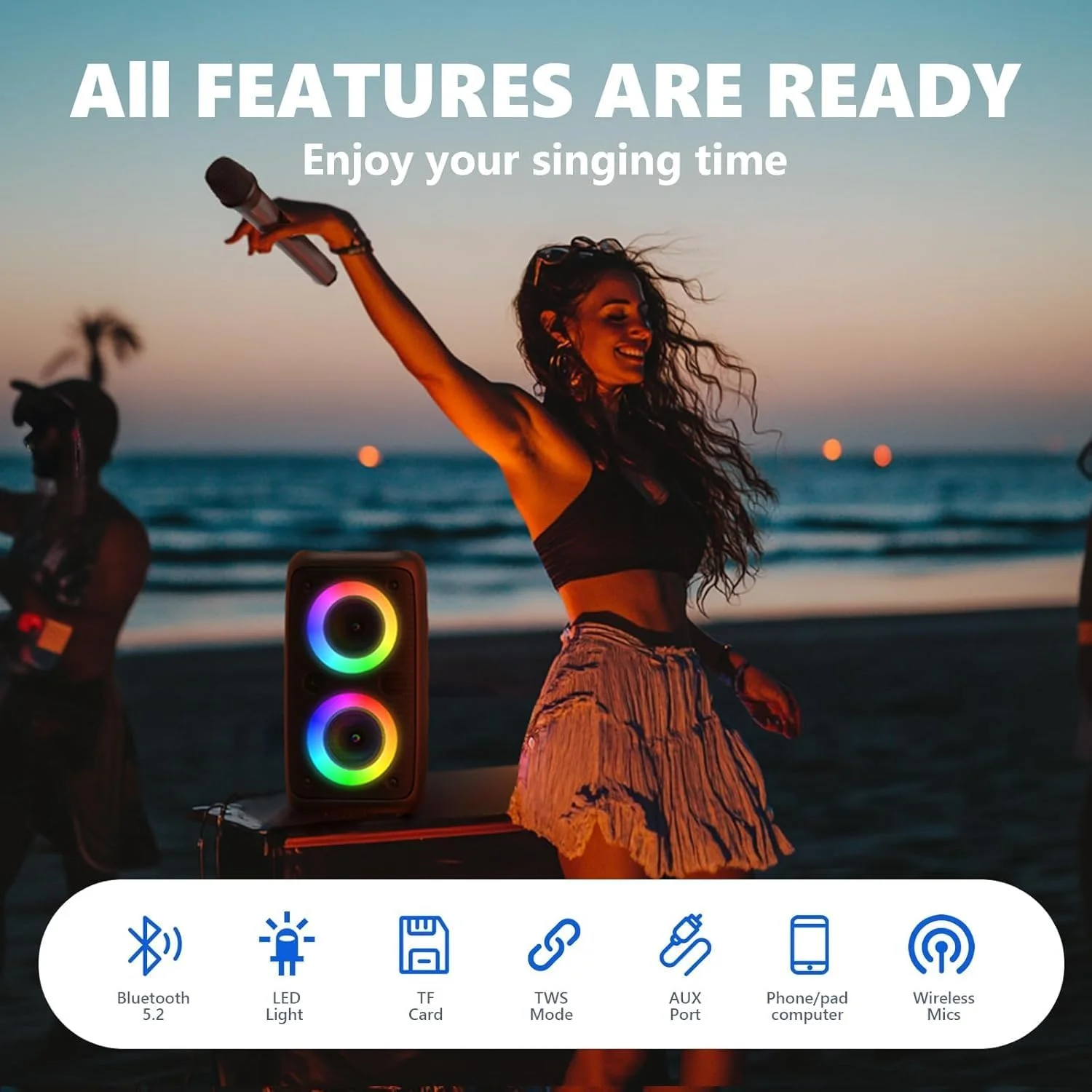 دستگاه کارائوکه با 2 میکروفون (نسل جدید) | اسپیکر بلوتوث با آمپلی فایرهای PA | پشتیبانی از تلویزیون/تلفن هوشمند/آیپد/TWS/AUX/USB/FM | مناسب مهمانی، خانه، فضای باز، مسافرت