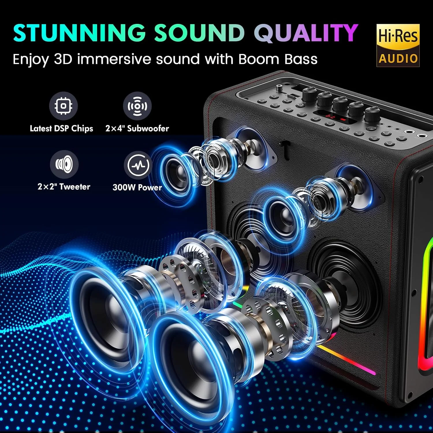 دستگاه کارائوکه با 2 میکروفون، اسپیکر بلوتوثی قابل حمل 5.3 با تنظیم بیس/تریبل برای بزرگسالان، سیستم PA با تصحیح زیر و بمی صدا و افکت اکو، پشتیبانی از TV/TF Card/USB/AUX/Live/REC