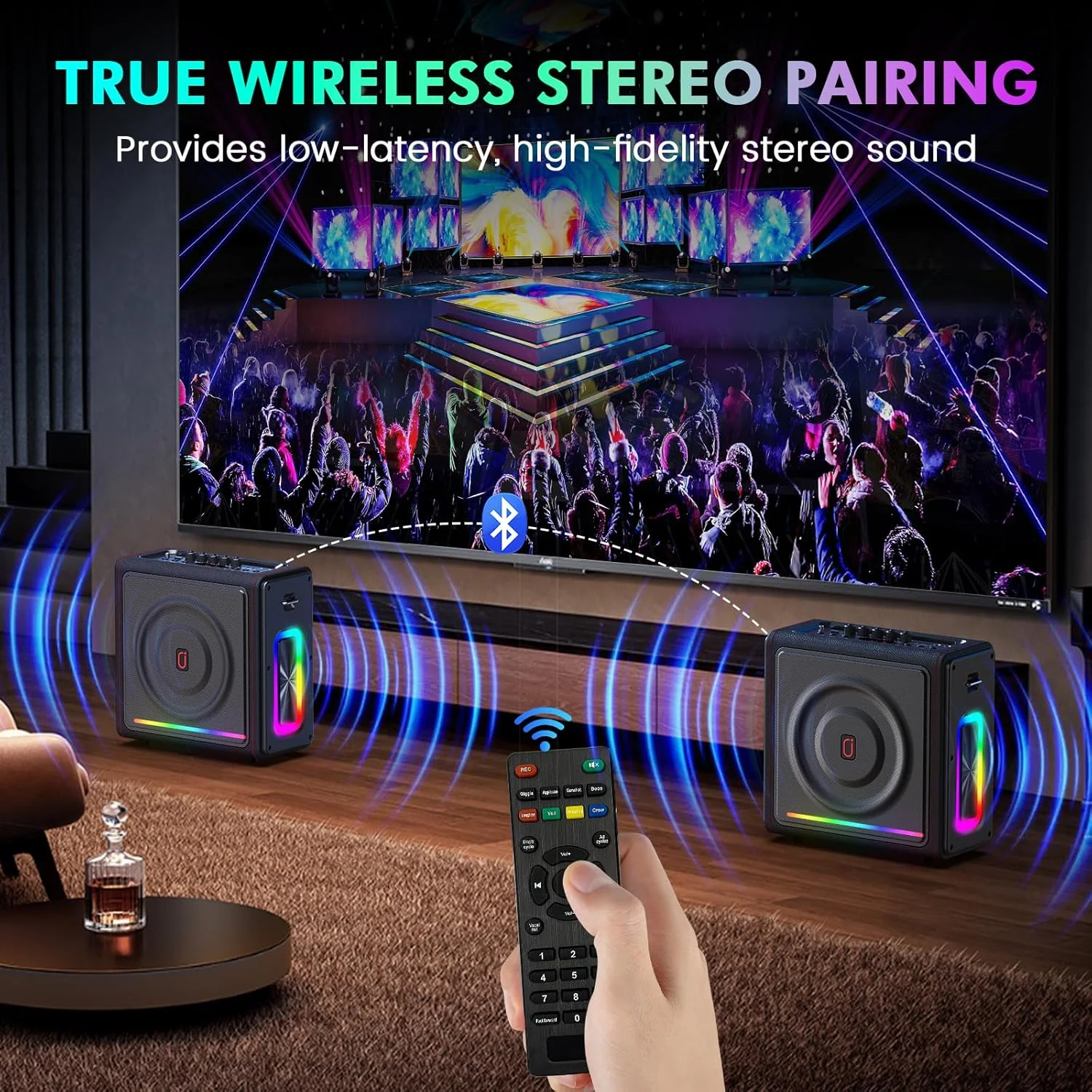 دستگاه کارائوکه با 2 میکروفون، اسپیکر بلوتوثی قابل حمل 5.3 با تنظیم بیس/تریبل برای بزرگسالان، سیستم PA با تصحیح زیر و بمی صدا و افکت اکو، پشتیبانی از TV/TF Card/USB/AUX/Live/REC