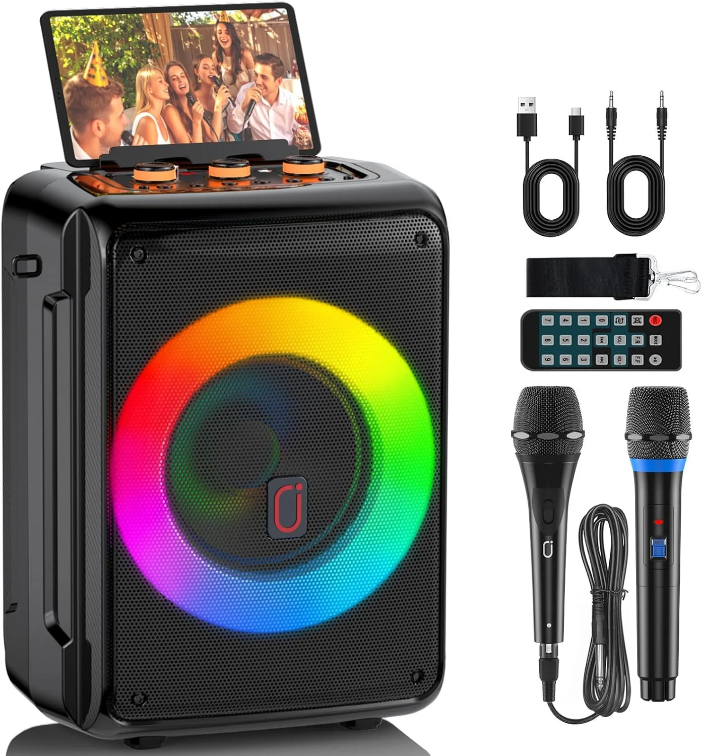 دستگاه کارائوکه با 2 میکروفون، اسپیکر کارائوکه بلوتوث 5.3 قابل حمل برای بزرگسالان، اسپیکر مهمانی خانگی با نور DJ برای فضای باز، رویدادها، گردهمایی، سیستم PA با قابلیت اتصال به تلویزیون