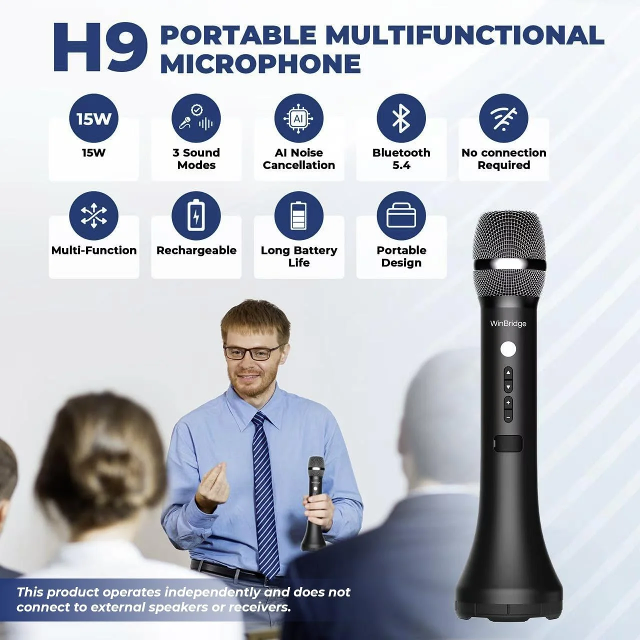 میکروفون بلوتوثی بی‌سیم تقویت‌کننده صدا، میکروفون/اسپیکر رومیزی هوشمند حرفه‌ای با قابلیت حذف نویز، میکروفون بی‌سیم 15 واتی با 3 افکت صوتی برای تدریس، آواز خواندن، سخنرانی، کارائوکه مدل H9