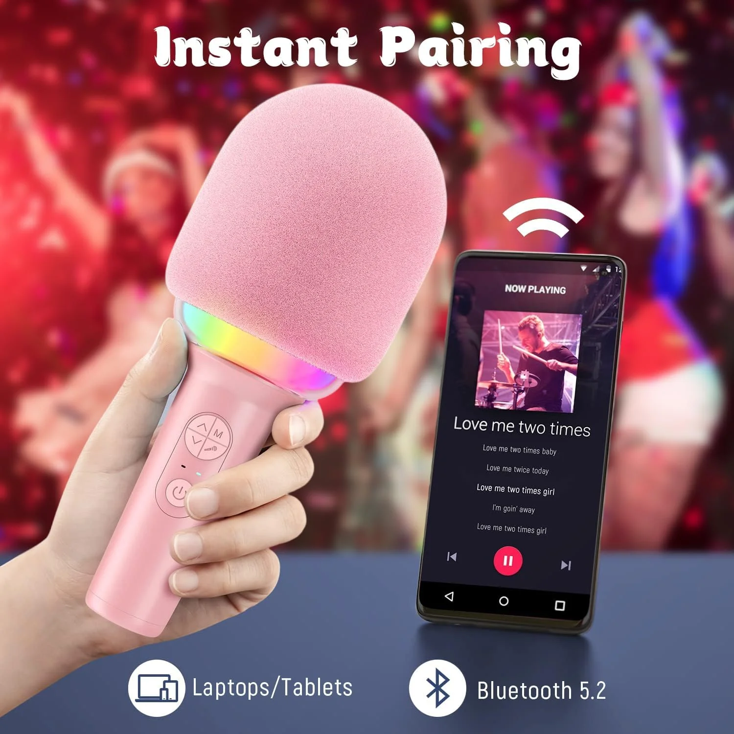 میکروفون کارائوکه بلوتوث بی‌سیم، میکروفون آواز، میکروفون دستی با بلندگو قابل حمل برای تمام سنین، تغییر صدای جادویی، مانیتورینگ، میکروفون RGB روی گوشی هوشمند