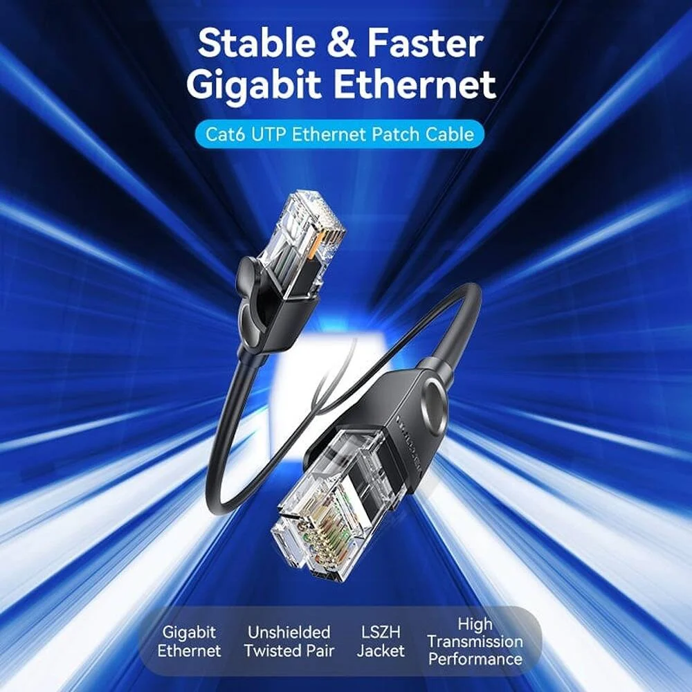 کابل شبکه Cat6 UTP ونتون مدل IBN، روکش LSZH، سرعت انتقال 1 گیگابیت بر ثانیه، رسانای مس بدون اکسیژن، پهنای باند 250 مگاهرتز، کانکتور با روکش طلا، طول کابل 50 متر، مشکی | IBNBX