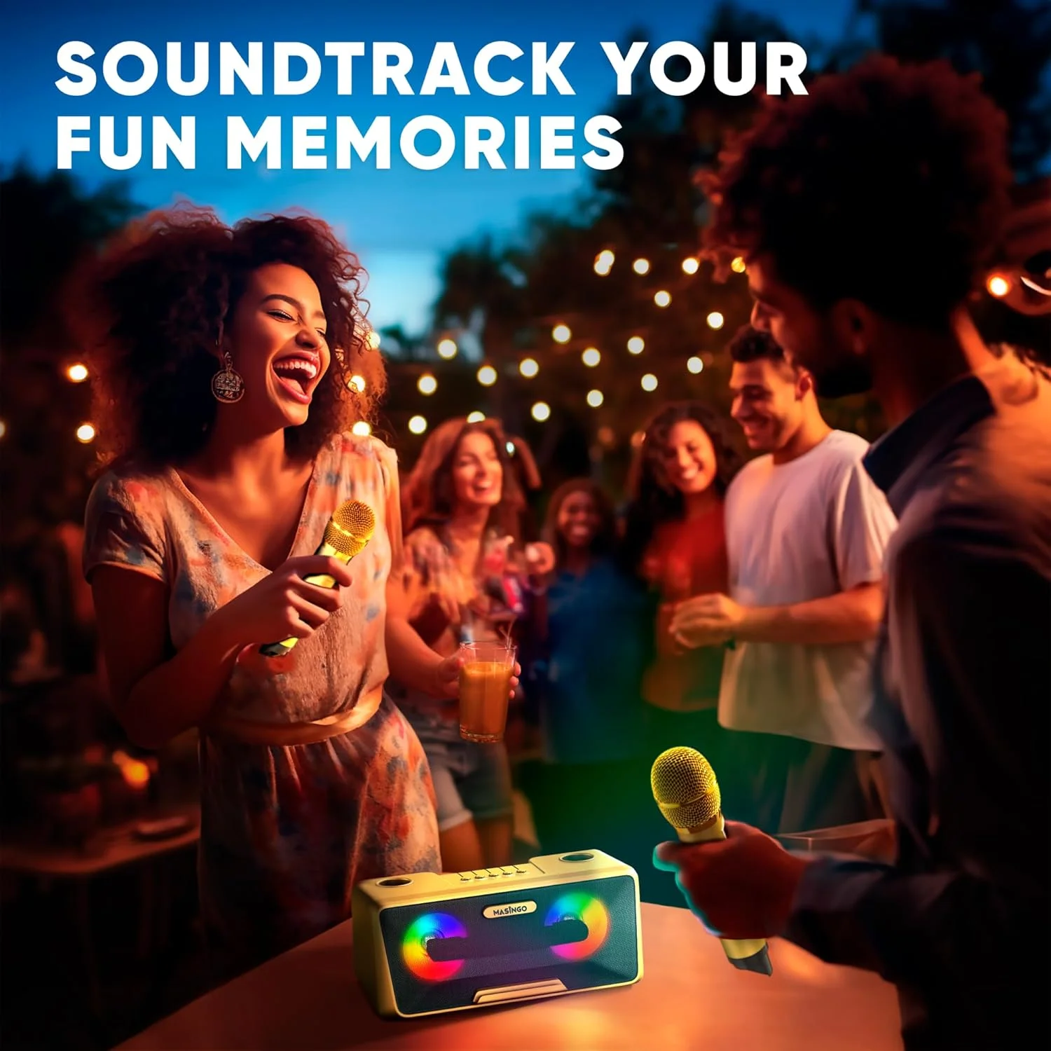 دستگاه کارائوکه MASINGO برای بزرگسالان و کودکان با 2 میکروفون بی سیم، بلندگوی بلوتوث قابل حمل، چراغ های LED رنگارنگ، سیستم PA، نگهدارنده تلفن نمایش متن ترانه و کابل تلویزیون. Presto G2 طلایی
