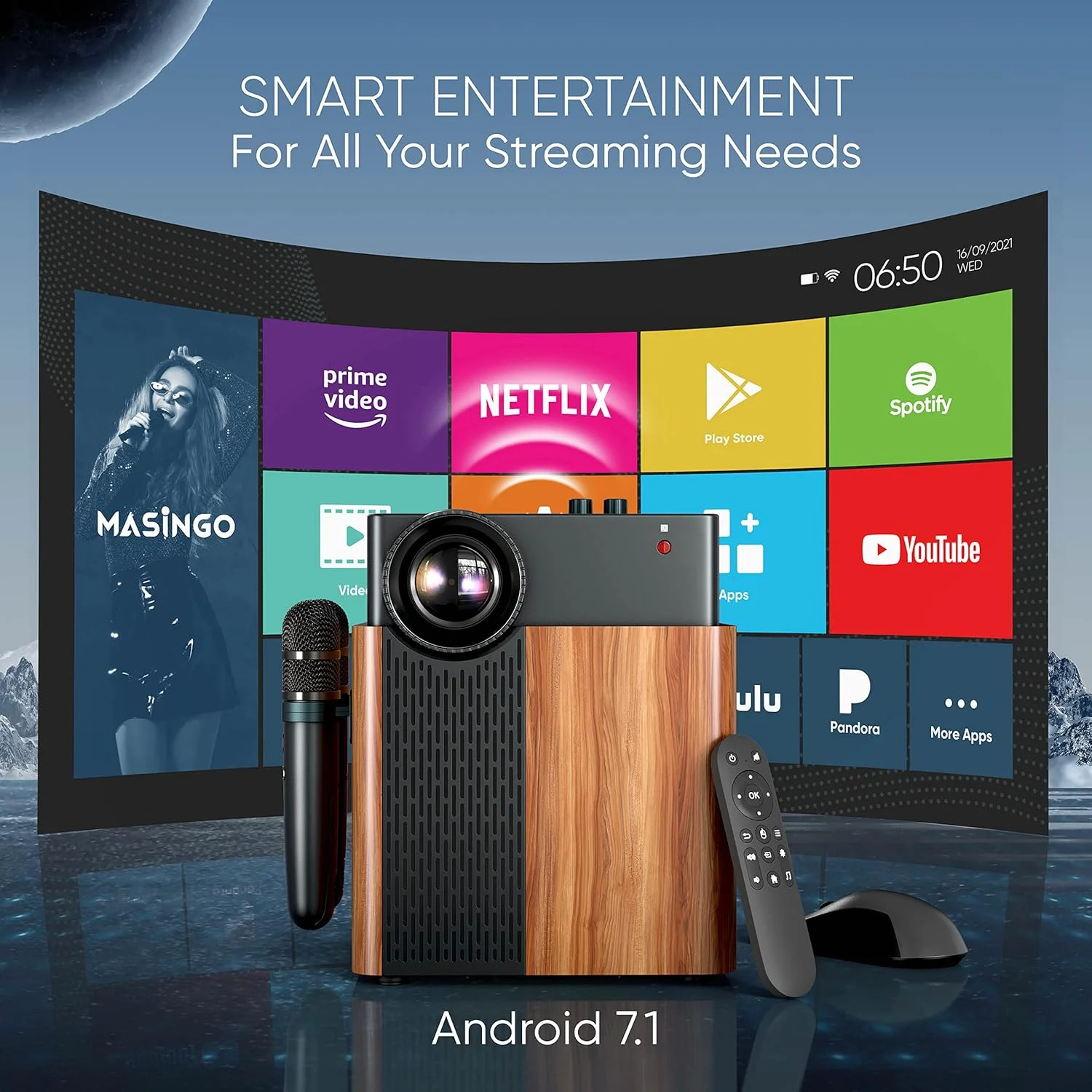 دستگاه کارائوکه قابل حمل 4 در 1 MASINGO با پروژکتور هوشمند 1080p با WiFi، بلندگو و 2 میکروفون بی سیم. سیستم اندروید داخلی برای نمایش متن ترانه، نتفلیکس و یوتیوب.