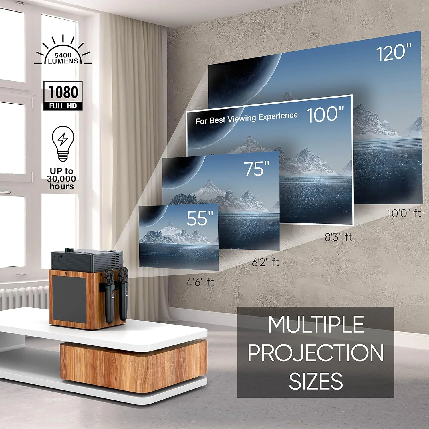 دستگاه کارائوکه قابل حمل 4 در 1 MASINGO با پروژکتور هوشمند 1080p با WiFi، بلندگو و 2 میکروفون بی سیم. سیستم اندروید داخلی برای نمایش متن ترانه، نتفلیکس و یوتیوب.