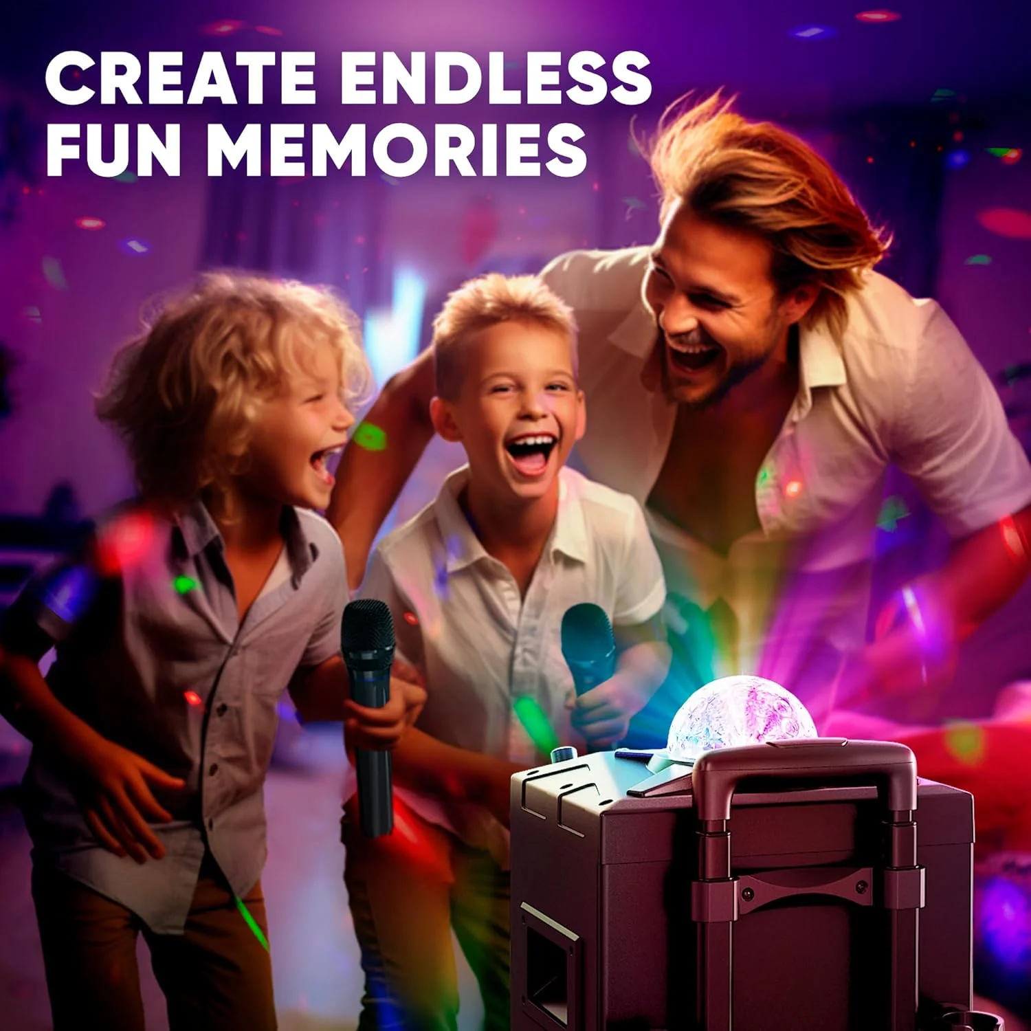 دستگاه کارائوکه جدید MASINGO برای بزرگسالان و کودکان با 2 میکروفون بی سیم بلوتوثی. سیستم بلندگوی PA قابل حمل با نورهای مهمانی، نگهدارنده نمایشگر متن ترانه و کابل تلویزیون. Festoso X9