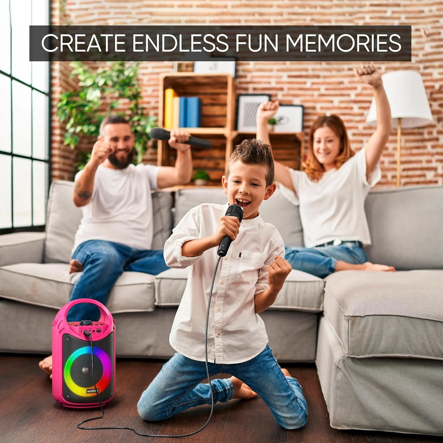 دستگاه کارائوکه MASINGO برای کودکان و بزرگسالان با 1 میکروفون کارائوکه بی سیم و 1 میکروفون سیمی، بلندگوی قابل حمل PA با چراغ های LED، پشتیبانی از کارت TF/USB، ورودی AUX/MIC، TWS برای مهمانی خانگی، Burletta C10
