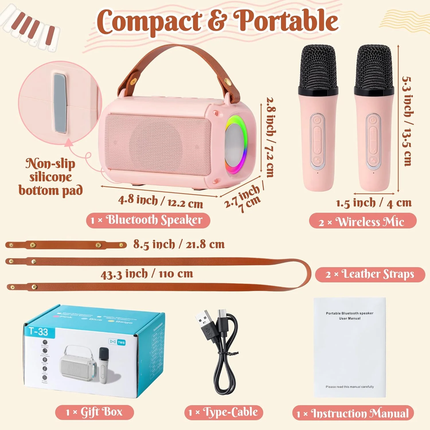 دستگاه کارائوکه کوچک MALLMALL6 با 2 میکروفون بی سیم برای کودکان، اسپیکر بلوتوث 5.3 قابل حمل با چراغ های رنگی LED، اسباب بازی هدیه جشن تولد کریسمس برای مهمانی خانوادگی پسران و دختران - صورتی