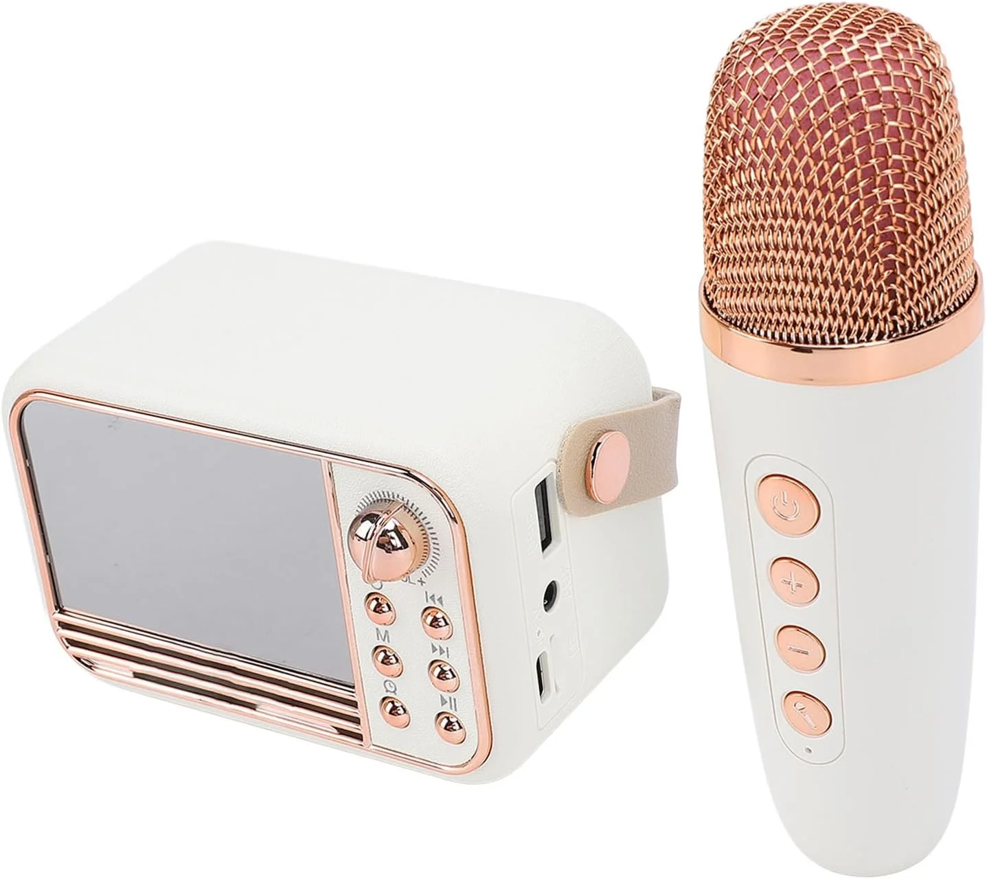 اسپیکر ساعت دار قابل حمل رترو، دستگاه میکروفون کارائوکه دستی کوچک با میکروفون و کارت حافظه، 5.0، عمر باتری طولانی برای مهمانی های مسافرتی خانگی (سفید)