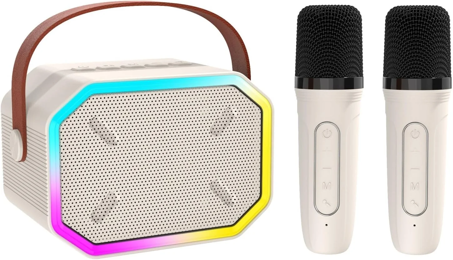 دستگاه کارائوکه قابل حمل Luqeeg، کارائوکه با کاهش نویز استریو سه بعدی، سیستم کارائوکه با نورهای خیره کننده رنگارنگ با 2 میکروفون بی سیم برای مهمانی خانگی، پیک نیک، فضای باز و سرپوشیده