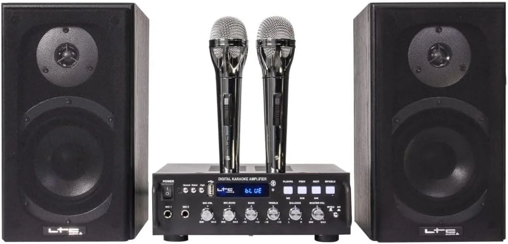 ست کارائوکه استار 4 مدل MKII شامل آمپلی فایر بلوتوث/USB، دو عدد میکروفون، یک جفت بلندگوی 5 اینچی و دو کابل بلندگوی 5 متری