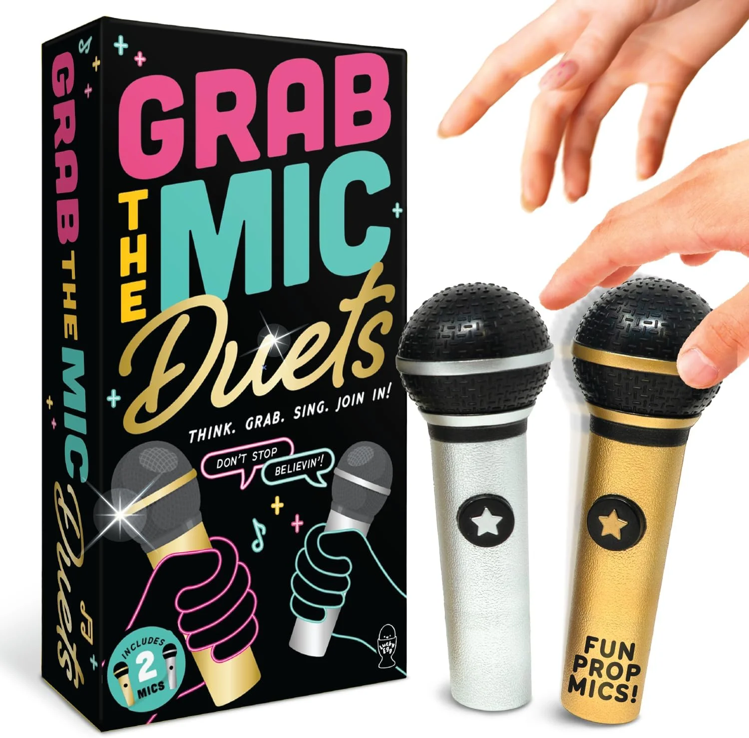 بازی رومیزی کارائوکه خانوادگی Lucky Egg Official Grab The Mic DUETS با 2 میکروفون، 2 خواننده، آواز خنده دار و هرج و مرج - بازی مهمانی برای بزرگسالان، خانواده ها و شب بازی (2-10 بازیکن، 150 کارت، 300 متن ترانه)
