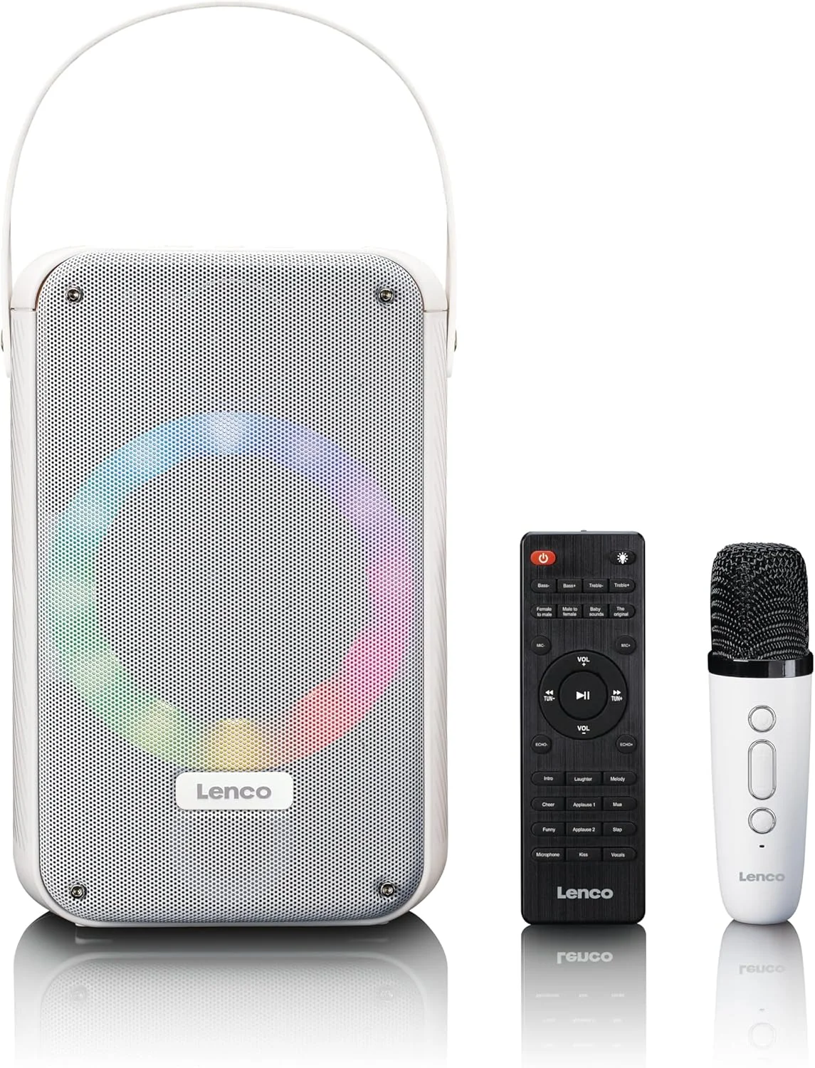 دستگاه کارائوکه قابل حمل Lenco BTC-060 - بلوتوث 5.2 - توان خروجی 20 وات RMS - 2 بلندگو - میکروفون - کنترل از راه دور - باتری یکپارچه - جلوه های نور - سفید