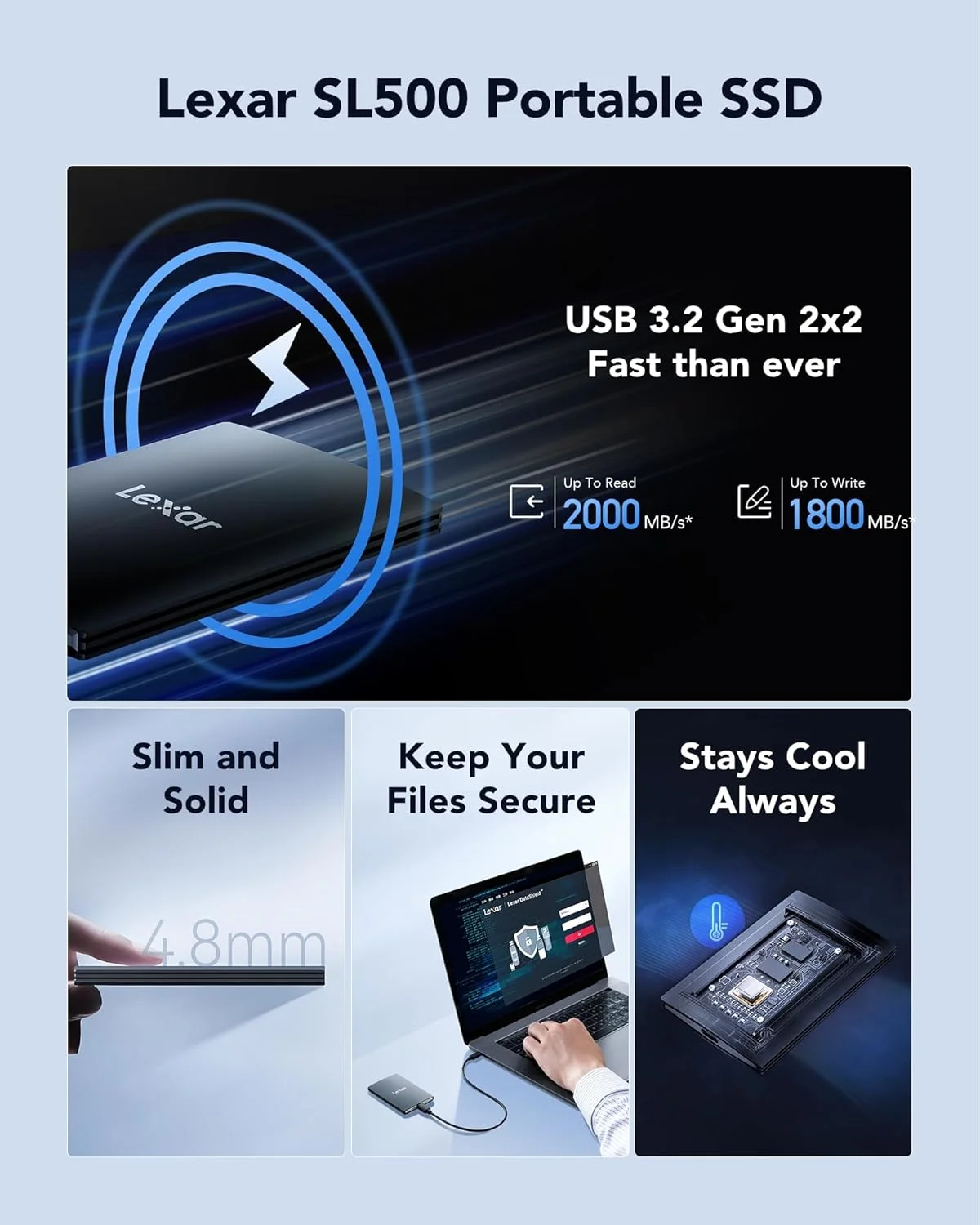 حافظه اس اس دی اکسترنال لکسار SL500 با ظرفیت 2 ترابایت، USB3.2 Gen2x2 قابل حمل، سرعت خواندن تا 2000 مگابایت بر ثانیه، سرعت نوشتن 1800 مگابایت بر ثانیه، سازگار با سری iPhone15/Mac/PS5/XBOX/Laptop/PC (LSL500X002T-RNBNG) حافظه اس اس دی اکسترنال لکسار SL500 با ظرفیت 2 ترابایت، USB3.2 Gen2x2 قابل حمل، سرعت خواندن تا 2000 مگابایت بر ثانیه، سرعت نوشتن 1800 مگابایت بر ثانیه، سازگار با سری iPhone15/Mac/PS5/XBOX/Laptop/PC (LSL500X002T-RNBNG)