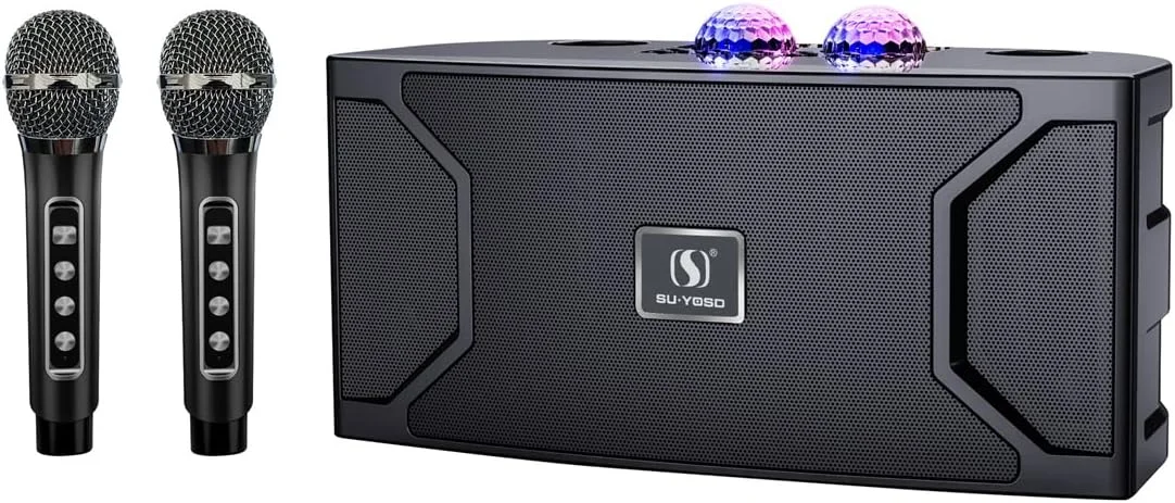 دستگاه کارائوکه برای بزرگسالان و کودکان به همراه 2 میکروفون بی سیم و نور توپ دیسکو