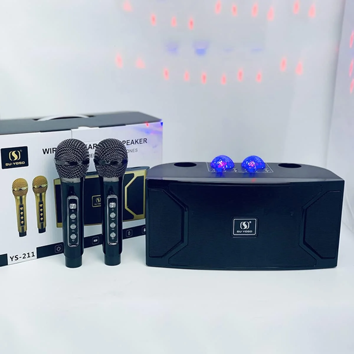 دستگاه کارائوکه برای بزرگسالان و کودکان به همراه 2 میکروفون بی سیم و نور توپ دیسکو