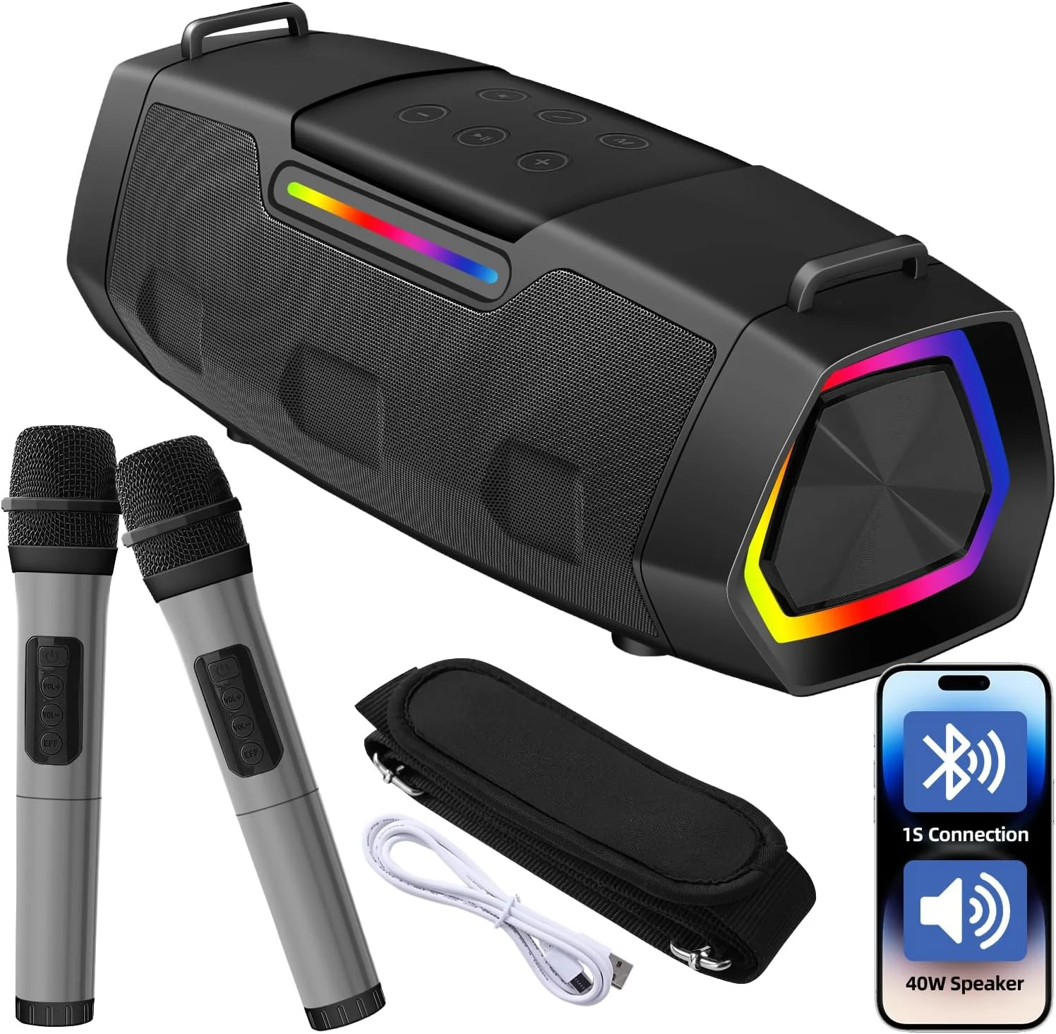 اسپیکر کارائوکه با میکروفون، دستگاه کارائوکه برای بزرگسالان و کودکان با چراغ، اسپیکر بلوتوثی قابل حمل 5.1، میکروفون کارائوکه از AUX USB TF برای مهمانی های مسافرتی خانگی در فضای باز پشتیبانی می کند
