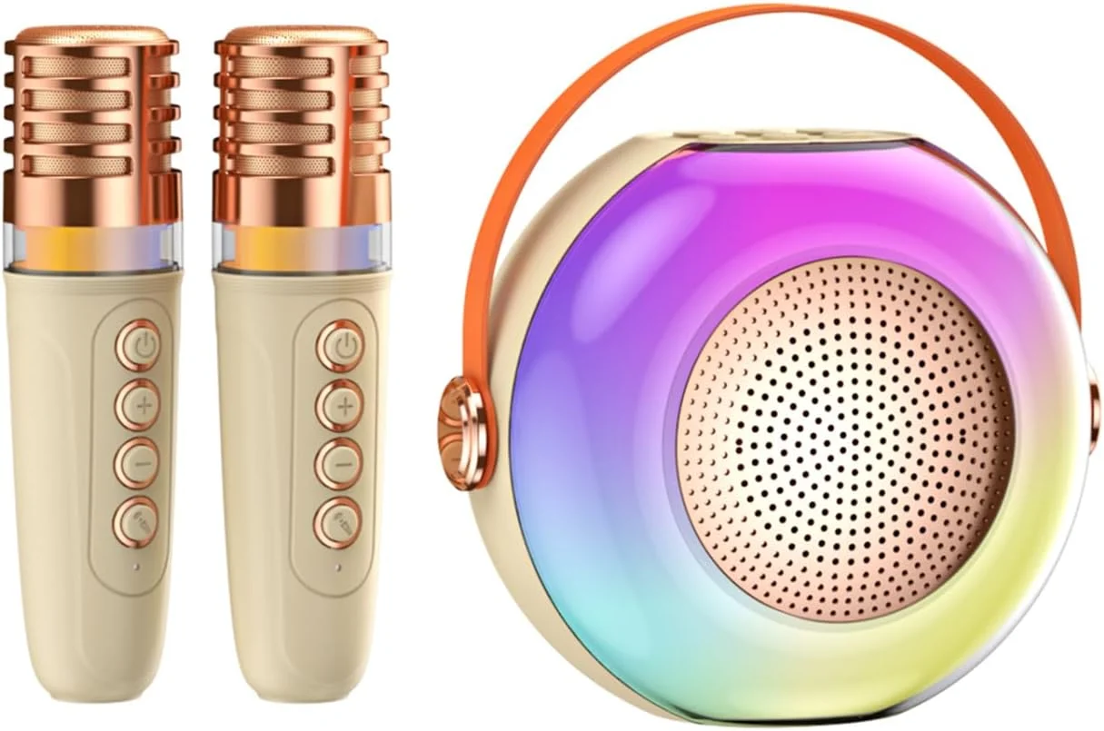 دستگاه کارائوکه Labymos با 2 میکروفون بی سیم BT و بلندگو، ست KTV با جلوه های نور RGB، کنترل صدا، میکروفون دستی، سیستم کارائوکه قابل حمل سبک وزن برای مهمانی خانگی و فضای باز