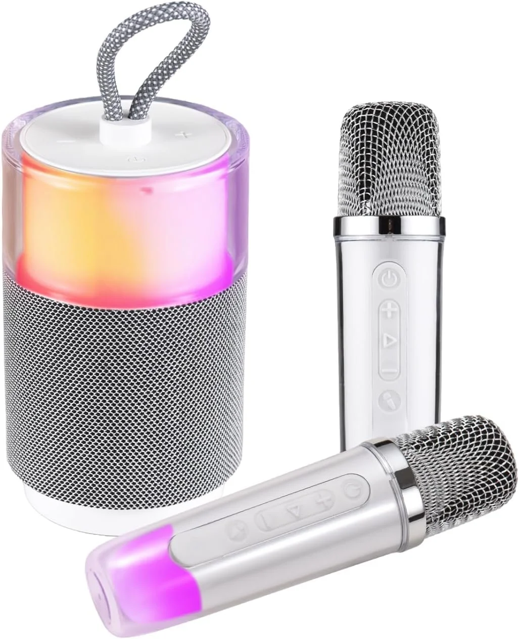 دستگاه کارائوکه کوچک Labymos با 2 میکروفون بی سیم، میکروفون BT و بلندگو، ست KTV با جلوه های نور رنگارنگ، میکروفون دستی، جشن تولد، مهمانی خانگی، قابل حمل سبک وزن در فضای باز