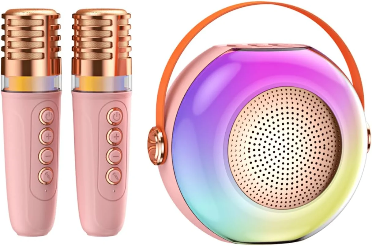 دستگاه کارائوکه Labymos با 2 میکروفون بی سیم، میکروفون BT و بلندگو، ست KTV با جلوه های نور RGB، کنترل صدا، میکروفون دستی، سیستم کارائوکه قابل حمل سبک وزن برای مهمانی خانگی در فضای باز