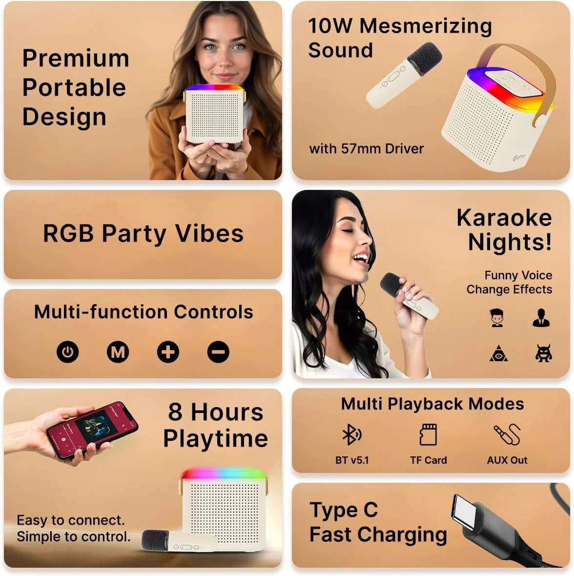 اسپیکر بلوتوثی کوچک 10 واتی pTron Fusion Tunes، میکروفون کارائوکه بی سیم، 8 ساعت پخش، نورهای RGB زنده، جلوه های صوتی، حالت های پخش چندگانه BT5.1/TF Card و شارژ Type-C (کرم روشن) اسپیکر بلوتوثی کوچک 10 واتی pTron Fusion Tunes، میکروفون کارائوکه بی سیم، 8 ساعت پخش، نورهای RGB زنده، جلوه های صوتی، حالت های پخش چندگانه BT5.1/TF Card و شارژ Type-C (کرم روشن)