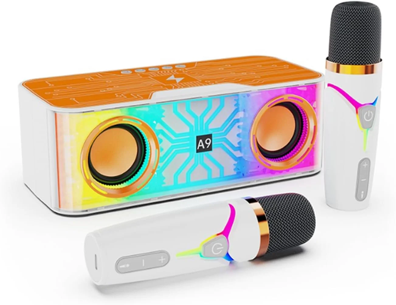 دستگاه کارائوکه Labymos با طراحی مکا شفاف، اسپیکر بلوتوث قابل حمل و مجموعه میکروفون با 2 میکروفون بی سیم، نور رنگی LED، میکروفون دستی کارائوکه، مناسب جشن تولد، فضای باز، منزل و KTV