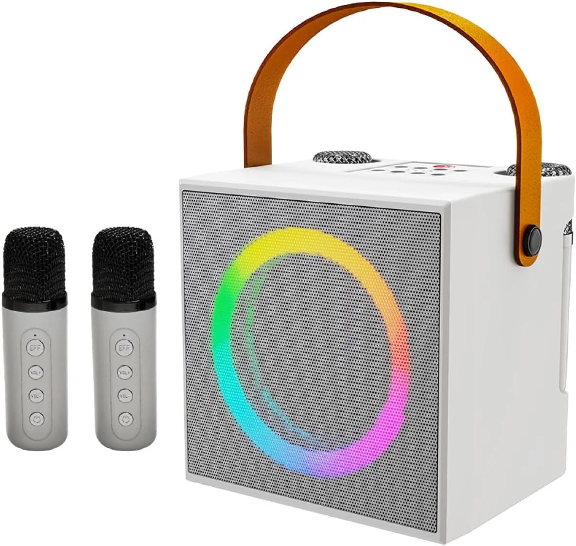 دستگاه کارائوکه Labymos با 2 میکروفون بی سیم، میکروفون BT و بلندگو، ست KTV با جلوه های نور رنگارنگ، 10 وات و بلندگوی 4 اینچی، میکروفون دستی، سیستم کارائوکه قابل حمل سبک وزن برای خانه