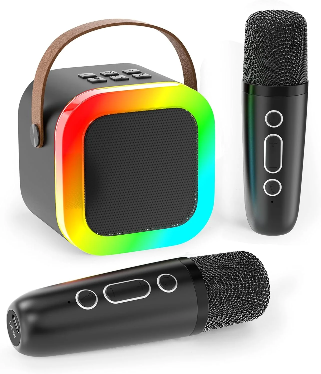 دستگاه کارائوکه کوچک برای کودکان و بزرگسالان، اسپیکر بلوتوث قابل حمل با 2 میکروفون بی سیم، هدیه تولد برای دختران 4 5 6 7 8 9 10 ساله (مشکی)