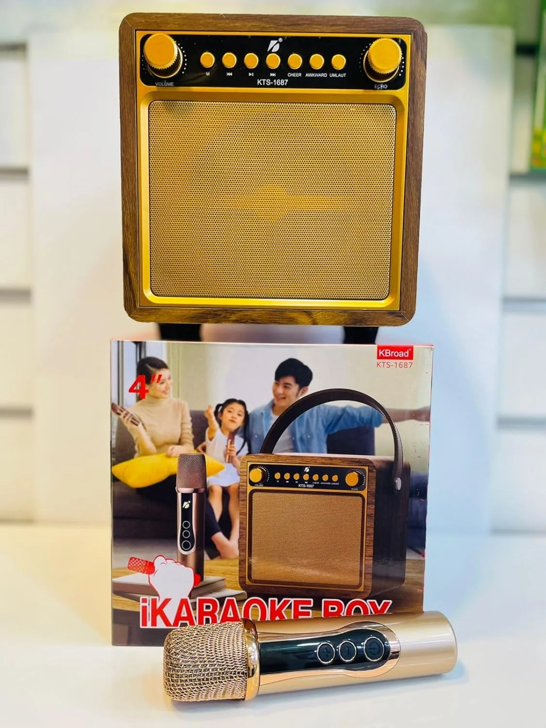 اسپیکر کارائوکه جعبه ای KBroad KTS-1687 با میکروفون بی سیم، طراحی چوبی، سیستم سرگرمی قابل حمل