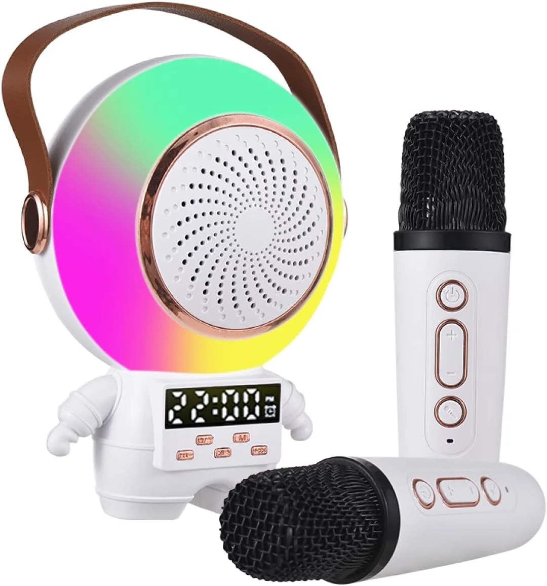 دستگاه مینی کارائوکه Labymos مدل فضانورد، اسپیکر قابل حمل BT به همراه 2 میکروفون بی سیم، نور LED رنگی، میکروفون دستی، مناسب جشن تولد، فضای باز، منزل و KTV