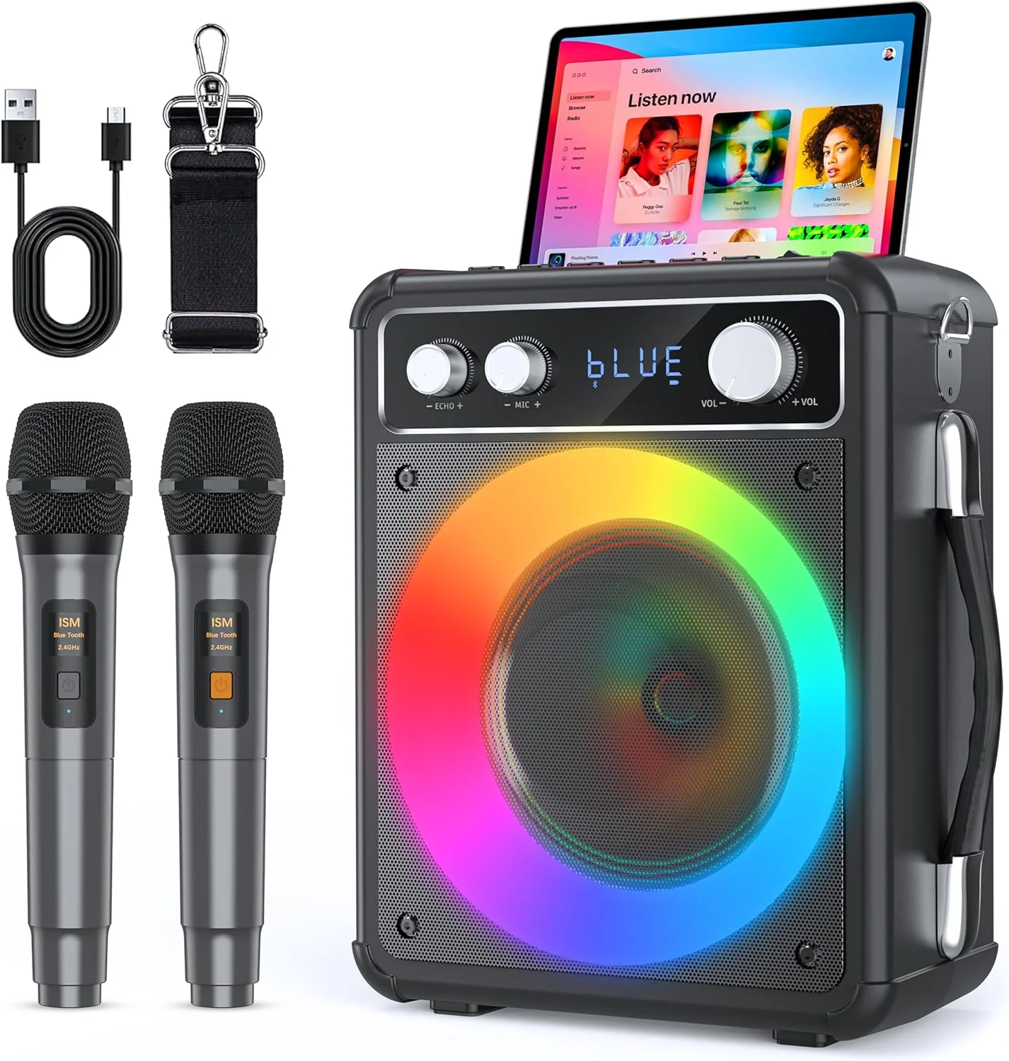 دستگاه کارائوکه قابل حمل بلوتوثی با 2 میکروفون بی سیم برای مهمانی های خانوادگی - اسپیکر بلوتوثی فضای باز برای دوستان، خانواده، تولد و کمپینگ