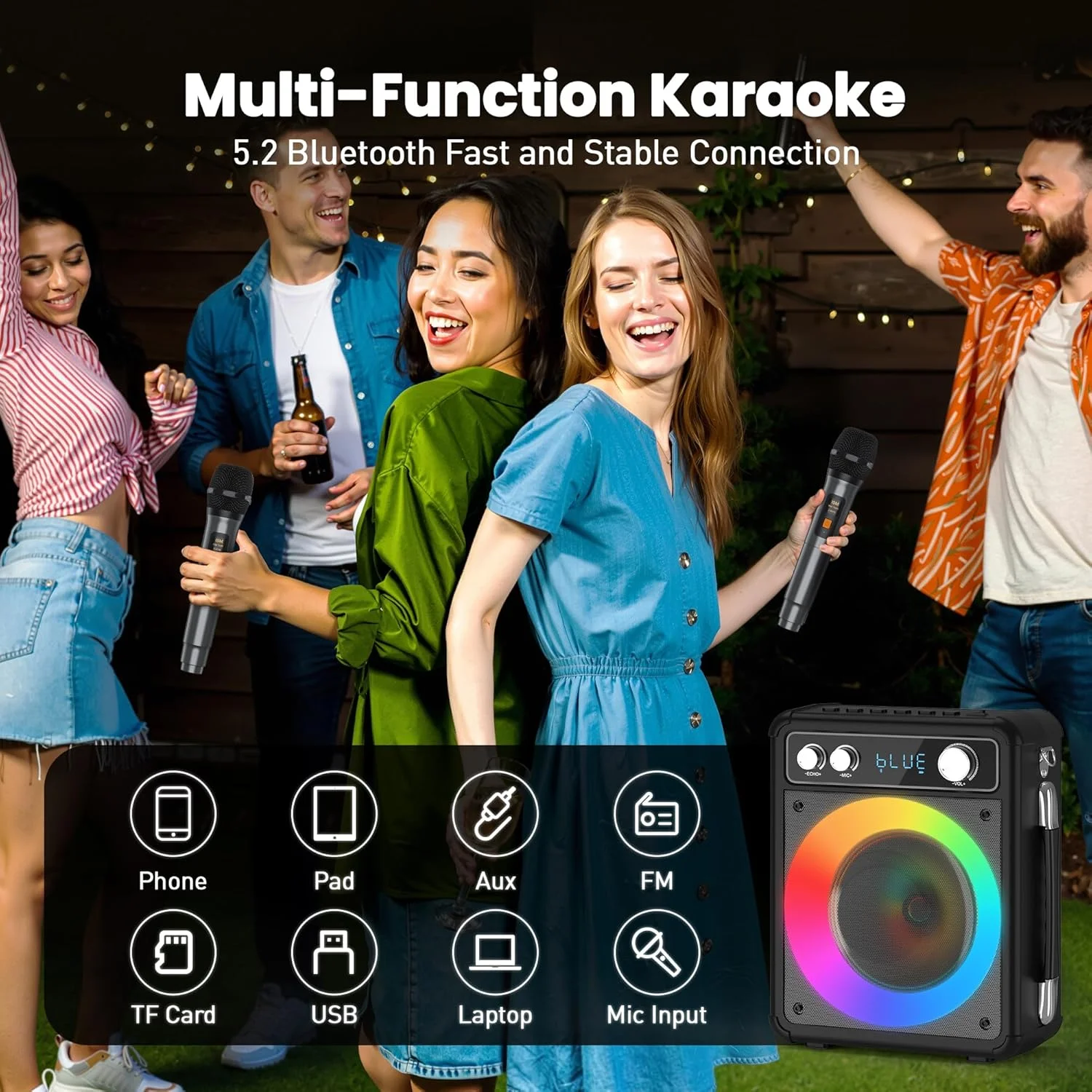 دستگاه کارائوکه قابل حمل بلوتوثی با 2 میکروفون بی سیم برای مهمانی های خانوادگی - اسپیکر بلوتوثی فضای باز برای دوستان، خانواده، تولد و کمپینگ دستگاه کارائوکه قابل حمل بلوتوثی با 2 میکروفون بی سیم برای مهمانی های خانوادگی - اسپیکر بلوتوثی فضای باز برای دوستان، خانواده، تولد و کمپینگ