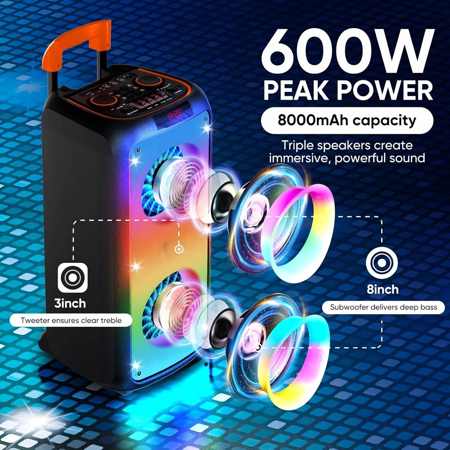 دستگاه کارائوکه با 2 میکروفون بی سیم، بلندگوی بلوتوث قابل حمل برای بزرگسالان و کودکان، ست کارائوکه با توان خروجی 600 وات، سیستم PA با نورهای DJ، پشتیبانی از BT5.3/USB/TF/AUX/FM/REC/TWS برای مهمانی، خانه، رویدادها دستگاه کارائوکه با 2 میکروفون بی سیم، بلندگوی بلوتوث قابل حمل برای بزرگسالان و کودکان، ست کارائوکه با توان خروجی 600 وات، سیستم PA با نورهای DJ، پشتیبانی از BT5.3/USB/TF/AUX/FM/REC/TWS برای مهمانی، خانه، رویدادها