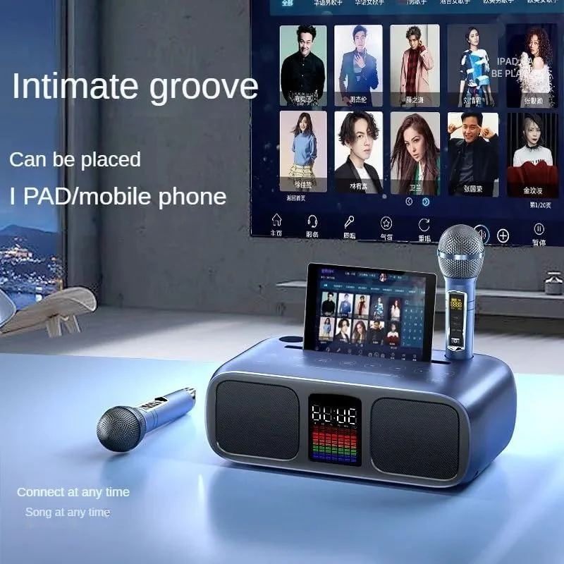 اسپیکر کارائوکه S39 با دو بلندگو، دو میکروفون بی سیم، سازگار با موبایل و تلویزیون، مشکی