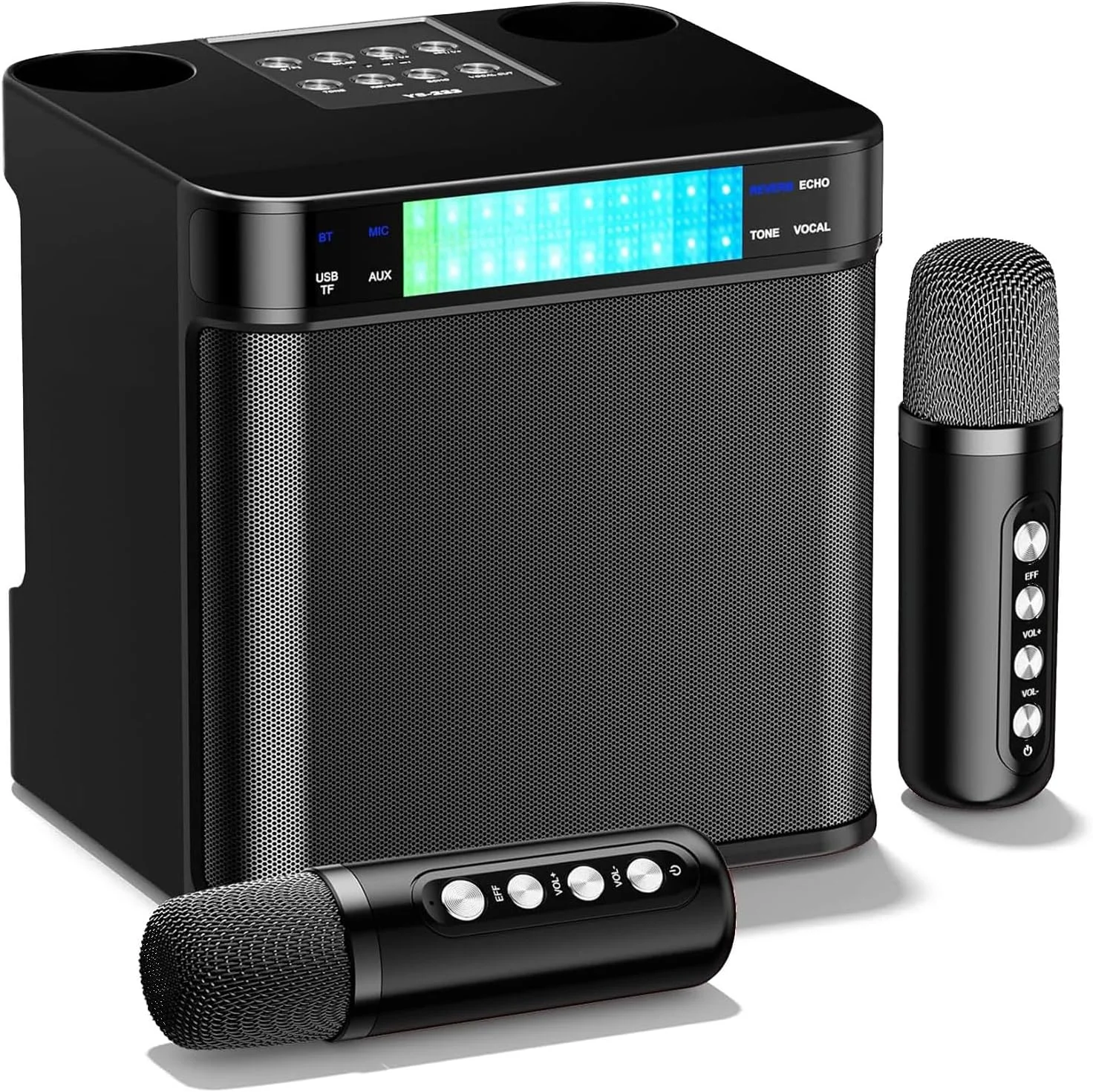 دستگاه کارائوکه با 2 میکروفون بی سیم برای کودکان/بزرگسالان، سیستم بلندگوی PA بلوتوث قابل حمل برای خانه، مهمانی، جلسه، چراغ های LED پویا، پشتیبانی از TF/USB/AUX (مشکی)