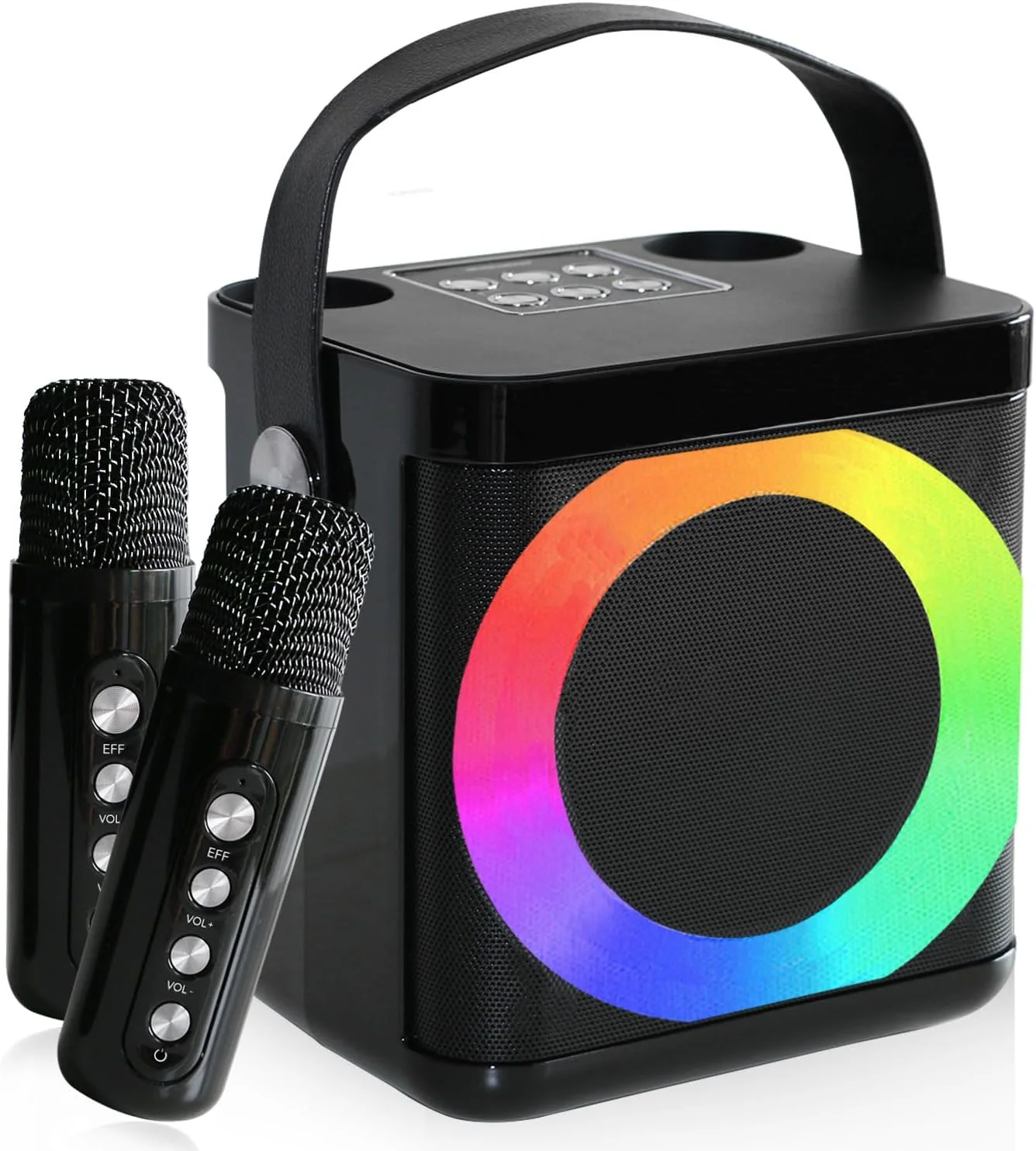 دستگاه کارائوکه برای بزرگسالان و کودکان با 2 میکروفون بی سیم UHF، بلندگوی بلوتوث قابل حمل، سیستم بلندگوی PA با چراغ های مهمانی LED برای خانه، مهمانی، پیک نیک، ماشین، فضای باز