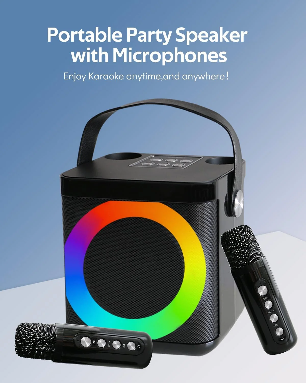 دستگاه کارائوکه برای بزرگسالان و کودکان با 2 میکروفون بی سیم UHF، بلندگوی بلوتوث قابل حمل، سیستم بلندگوی PA با چراغ های مهمانی LED برای خانه، مهمانی، پیک نیک، ماشین، فضای باز