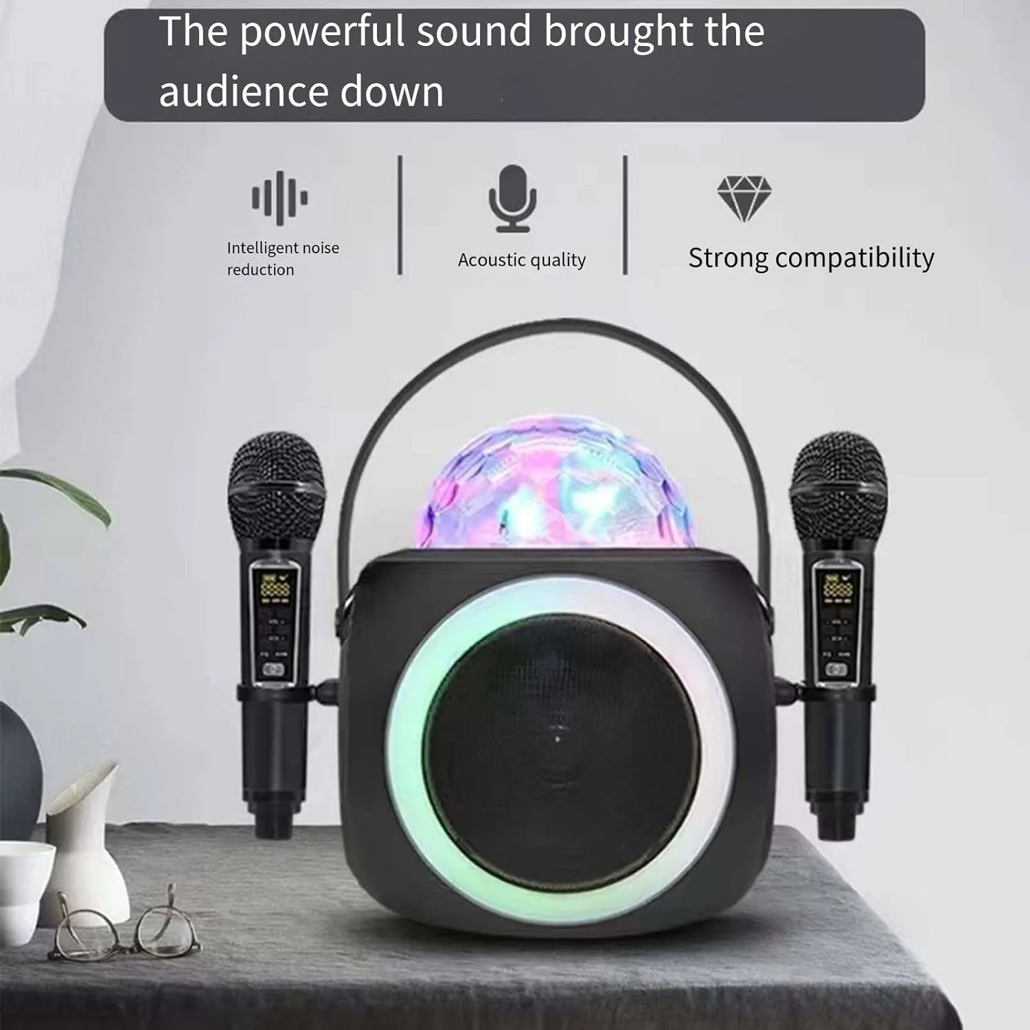 دستگاه کارائوکه خانگی، اسپیکر بلوتوث بیسیم به همراه میکروفون و افکت نورپردازی LED دستگاه کارائوکه خانگی، اسپیکر بلوتوث بیسیم به همراه میکروفون و افکت نورپردازی LED