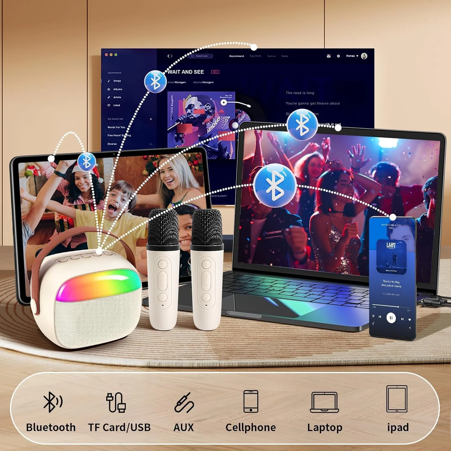 دستگاه کارائوکه کوچک با 2 میکروفون بی سیم و نور، هدیه تولد و کریسمس برای دختران و پسران 4، 5، 6، 7، 8، 9، 10، 12+ سال، مناسب مهمانی های خانوادگی