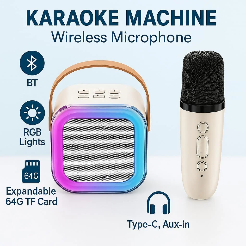 دستگاه کارائوکه Fitto، میکروفون بی‌سیم، قابل حمل، برای بزرگسالان و کودکان، BT، چراغ‌های RGB، کارت TF قابل ارتقا 64G، Type-C، Aux-in، برای مهمانی