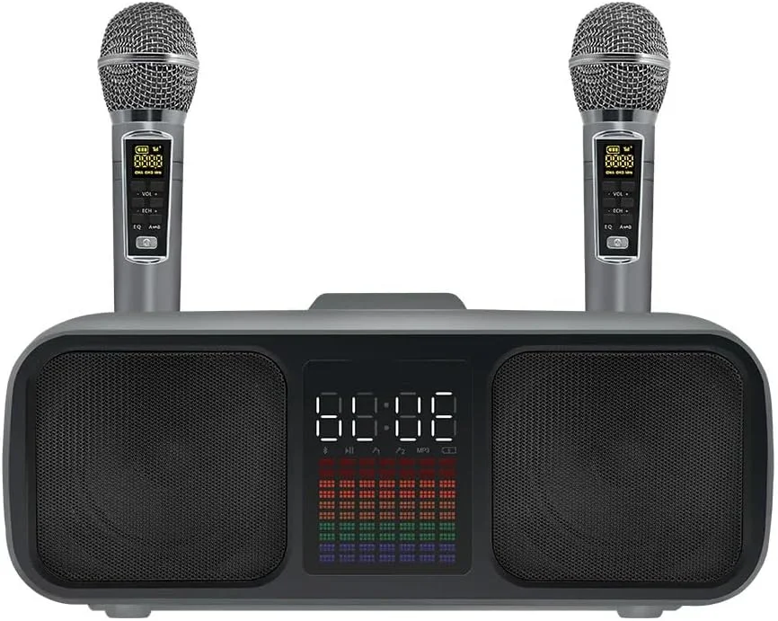 اسپیکر کارائوکه | دارای دو بلندگو، دو میکروفون بی سیم | سرگرمی سیار و کارائوکه تلویزیون همه در یک (خاکستری)